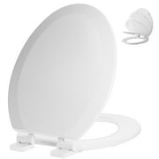 Angol Shiold Wood Toilet Seat with Non-Slip Adjustable Hinges, Quiet-Close ( White, Elongated 18.5'' )
