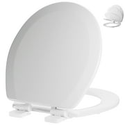 Angol Shiold Wood Toilet Seat with Non-Slip Adjustable Hinges, Quiet-Close ( White, Round 16.5'' )