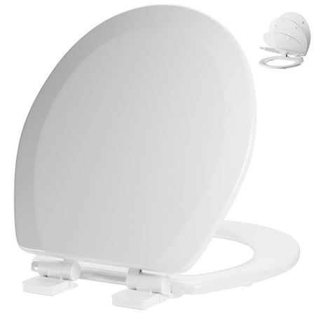 Angol Shiold Wood Toilet Seat with Non-Slip Adjustable Hinges, Quiet-Close ( White, Round 16.5'' )