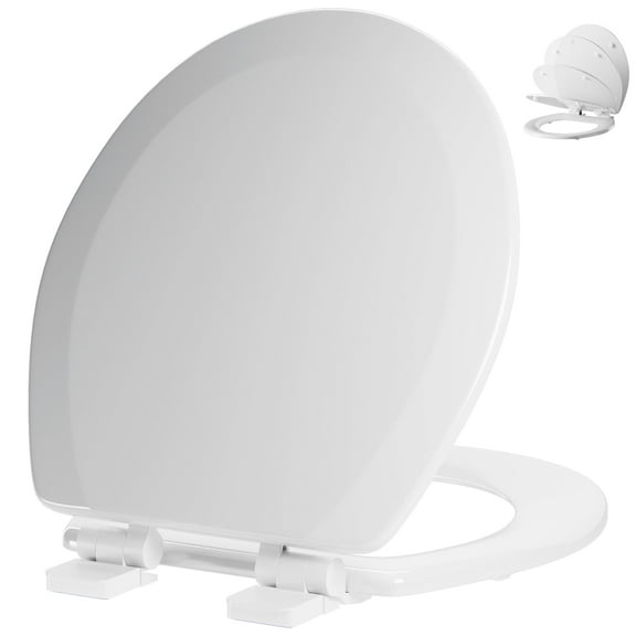 Angol Shiold Wood Toilet Seat with Non-Slip Adjustable Hinges, Quiet-Close ( White, Round 16.5'' )