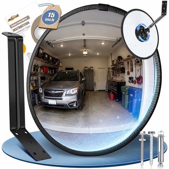 Angooni 15 Inch HD Adjustable Acrylic Convex Traffic Security Mirror for Driveway Garage Warehouse and Office with Mounting Hardware, Black