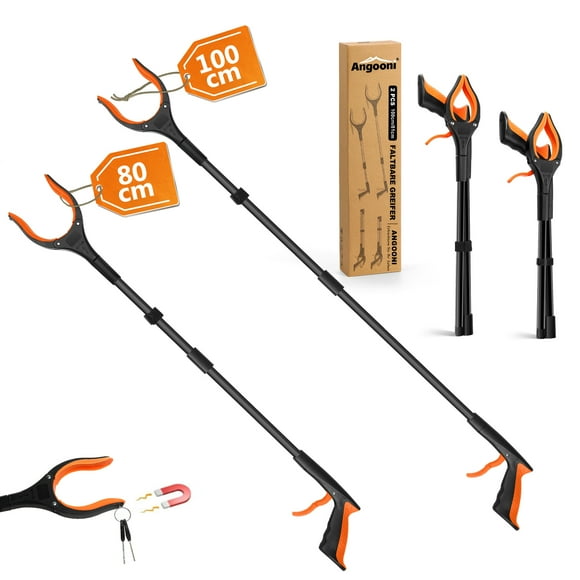 Angooni 2 Set of Folding Grabber Reacher Tool - 39" Aluminum Trash Picker Handle, 31" Claw Grabber Aids for Elderly
