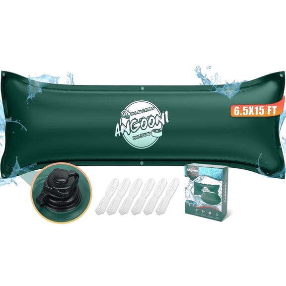 Angooni 6.5x15FT Heavy-Duty Green Pool Pillow with Sturdy Ropes - 0.4mm Thick PVC for Winter with Boston Dual-Inflation Valve - No Leakage