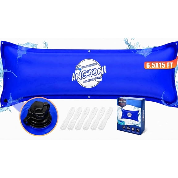 Angooni 6.5x15ft Heavy Duty Winter Pool Pillow for Above Ground Pools, 0.4mm Thick Cold-Resistant PVC Air Cushion with Ropes & Boston Valve, Blue
