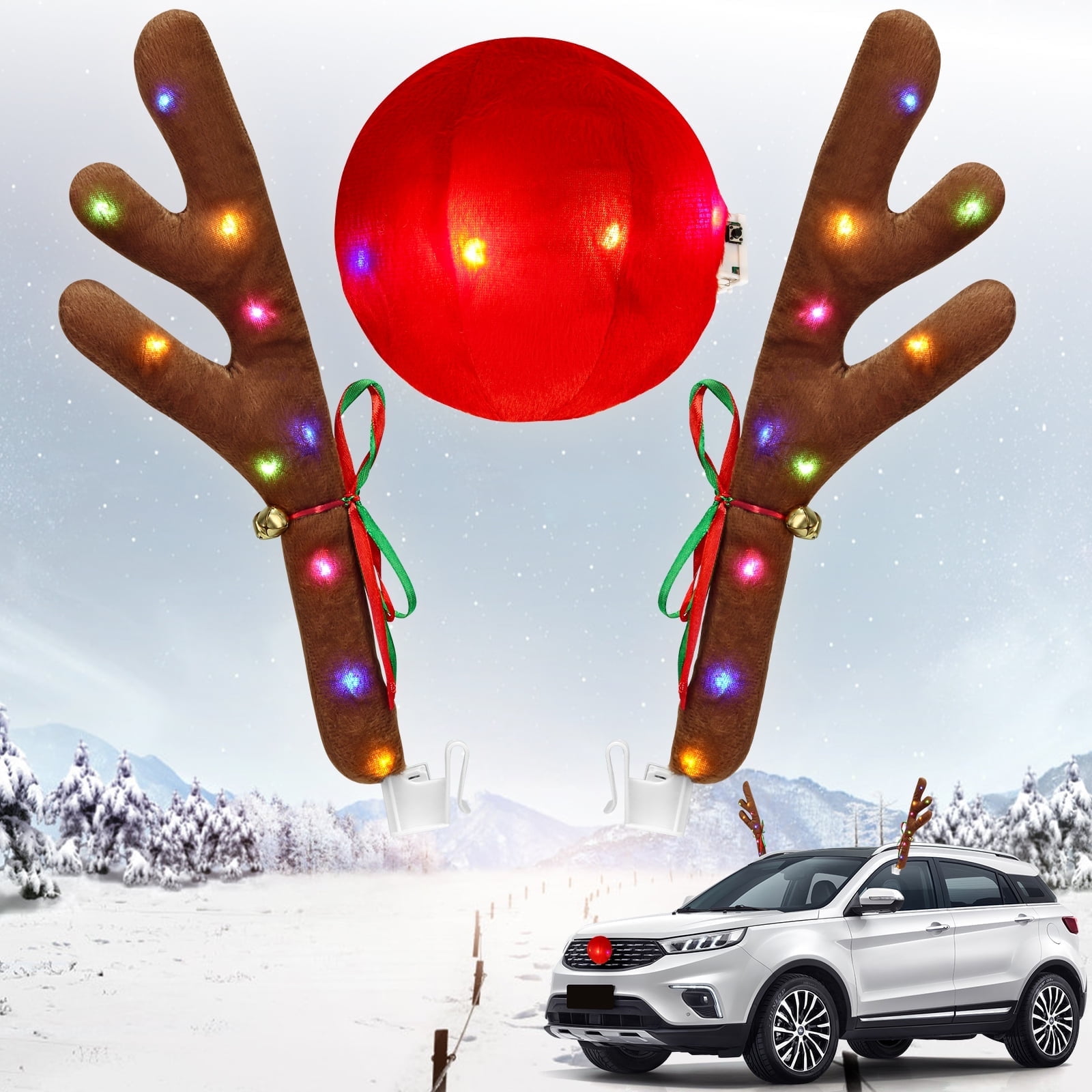 Angooni Adorable Christmas Antlers for Car Set - Reindeer Antlers, Red Nose & Festive LED Lights Included! Perfect for Jeeps & Golf Carts, pack-3