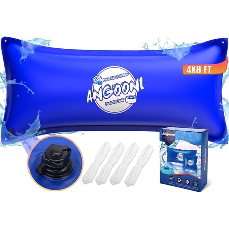 Angooni Heavy-Duty 4'x8' Pool Pillow with 4x20ft Ropes - 0.4mm Thick PVC Winter Pillow with Boston Dual-Inflation Valve, Cold-Resistant, No Leakage