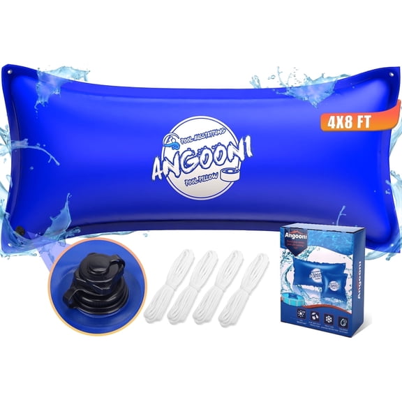 Angooni Heavy-Duty 4'x8' Pool Pillow with 4x20ft Ropes - 0.4mm Thick PVC Winter Pillow with Boston Dual-Inflation Valve, Cold-Resistant, No Leakage