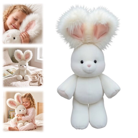 Angora Bunny Plush Toy, Fluffy Long Ear White Rabbit Stuffed Animal with Pink Inner Ears & Blush Cheeks, Soft Cuddly Doll for Kids Christmas Birthday Gift Nursery Bedroom Decor