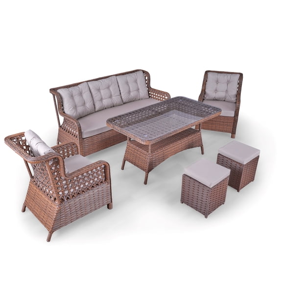 Angora Elegance Rattan Outdoor Furniture Set Stylish Garden and Patio Set with Table, Triple Chair, 2 Single Armchairs, and 2 Stools, Conversation Sets Best for Yard, Pool or Backyard, Brown