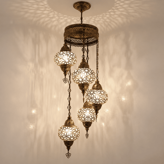 Angora Elif 5 Globe Hanging Turkish Lamp | Turkish Moroccan Chandelier Lamps (47.24")
