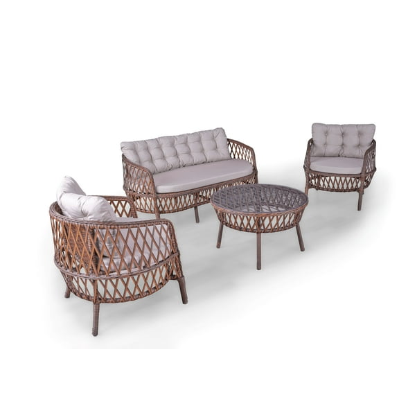 Angora Maestro Rattan Outdoor Furniture Set Stylish Garden and Patio Set with Glass Coffee Table, Double Armchair, and 2 Single Armchairs, Conversation Sets Best for Yard, Pool or Backyard, Brown