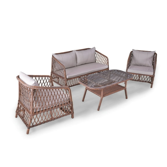 Angora Mira Rattan Outdoor Furniture Set Stylish Garden and Patio Set with Table, Double Chair, and 2 Single Armchairs, Conversation Sets Best for Yard, Pool or Backyard, Brown