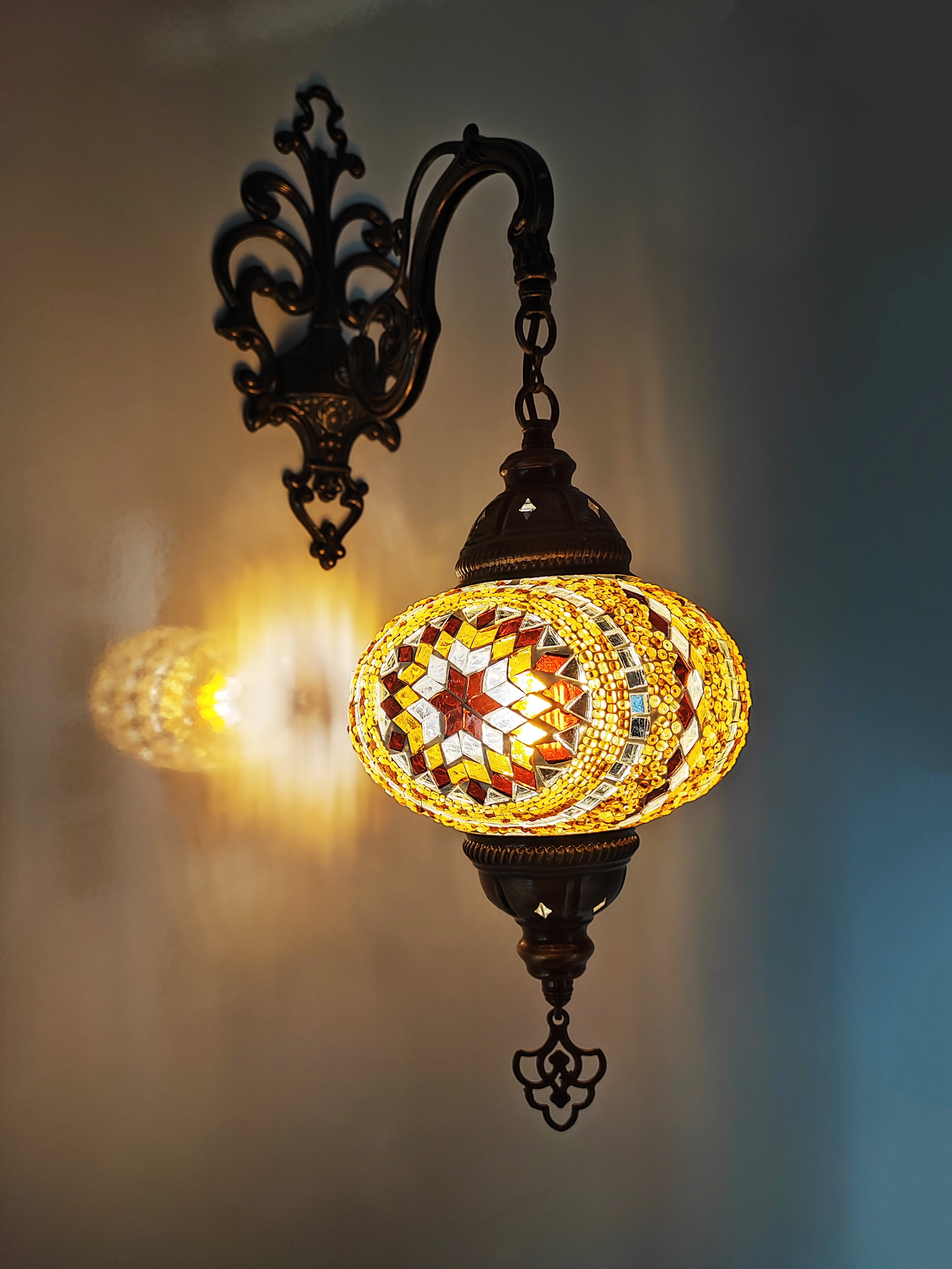 Large Multicolor Glass and Brass Turkish Wall Sconce Lamp
