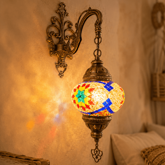 Angora Tonalli Wall Lamp - Small Globe | Turkish Moroccan Mosaic Glass Wall Sconce Lamps (15.75")