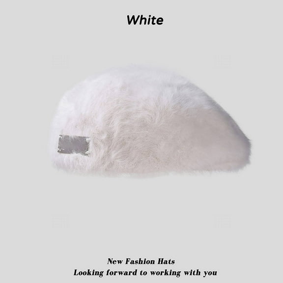 Angora Wool Beret with Metal Logo | Luxurious Winter Hat for Women & Luxury Fashion Clearance, Hontri Women Beret Hat Hair Hat Beanie Cap Classic Solid , White, One Size