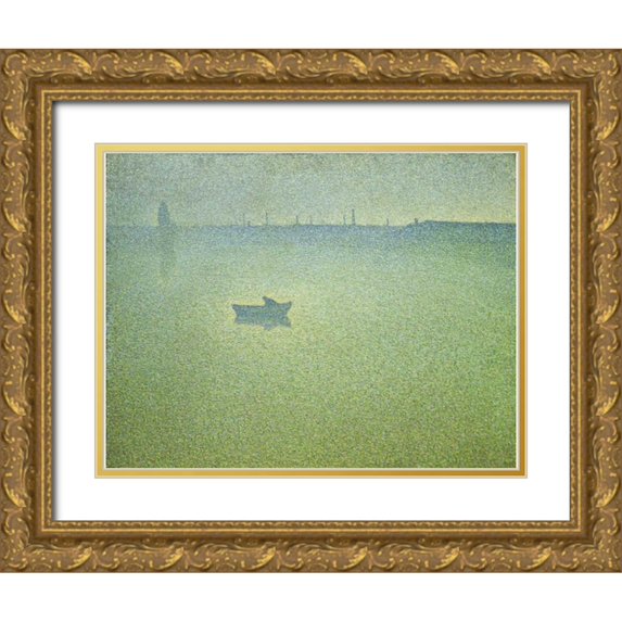 Angrand, Charles 14x12 Gold Ornate Wood Framed with Double Matting Museum Art Print Titled - Seine at Dawn