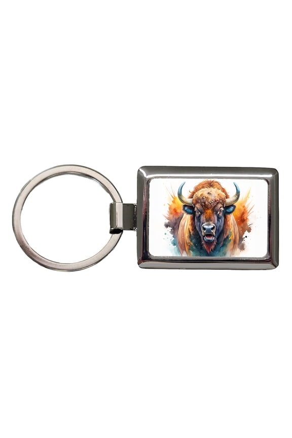 Angry American Bison Buffalo Watercolor Metal Rectangle Keychain