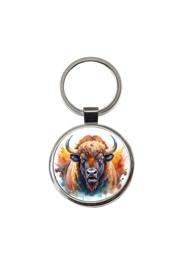 Angry American Bison Buffalo Watercolor Metal Round Keychain