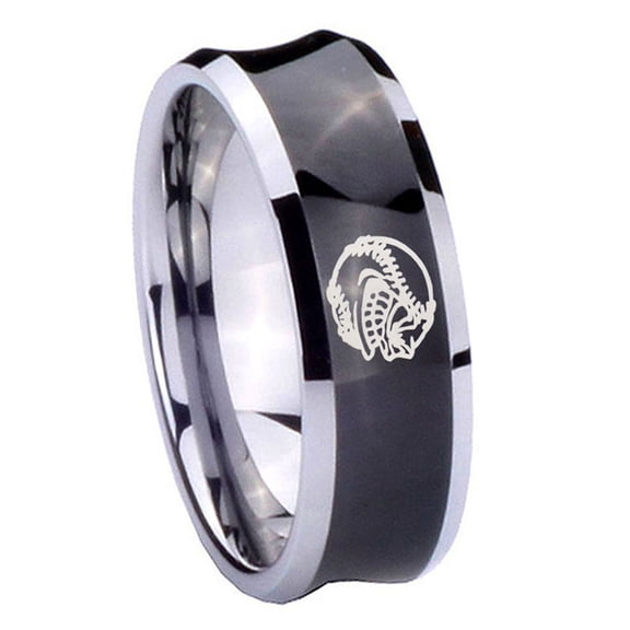 Tungsten Angry Baseball 8mm Black Polished Concave Men's Ring