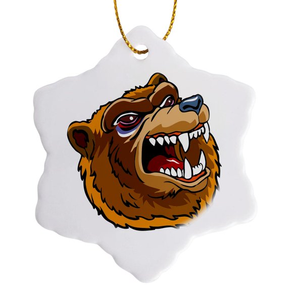 3drose, Angry Bear Cartoon Illustration, 3 inch Snowflake Porcelain Ornament