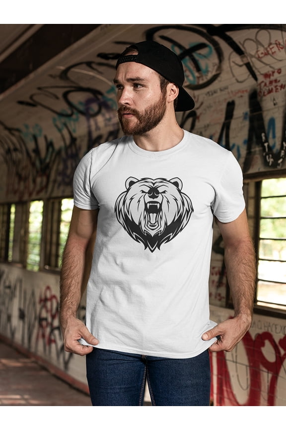Angry Bear Head Mascot Outline T-Shirt Men -Image by Shutterstock, Male Large