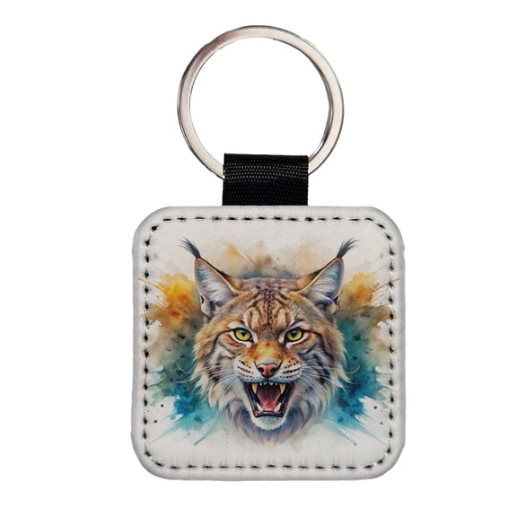 Angry Bobcat Watercolor Design Faux Leather Square Keychain
