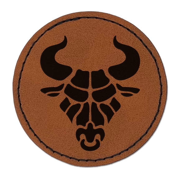 Angry Bull Cow Head with Horns 2.5" Faux Leather Round Engraved Iron-On Patch - Brown