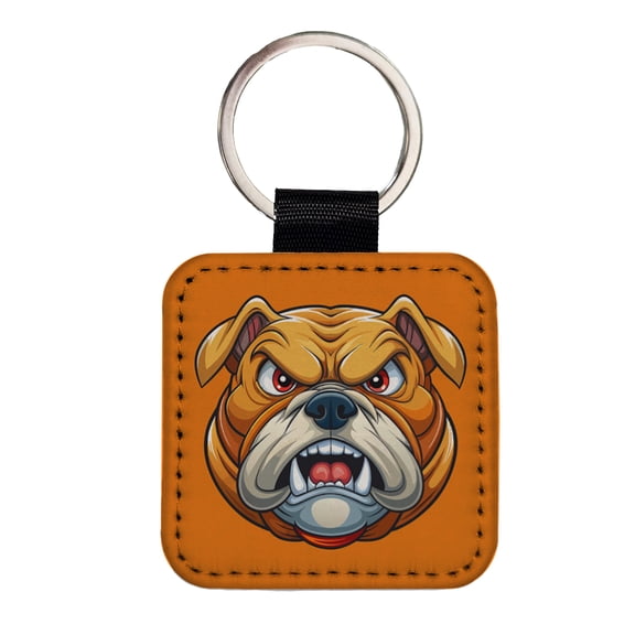 Angry Bulldog Face School Mascot Cartoon Faux Leather Square Keychain