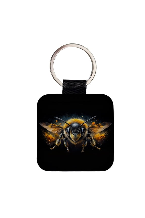 Angry Bumblebee Watercolor Faux Leather Square Keychain