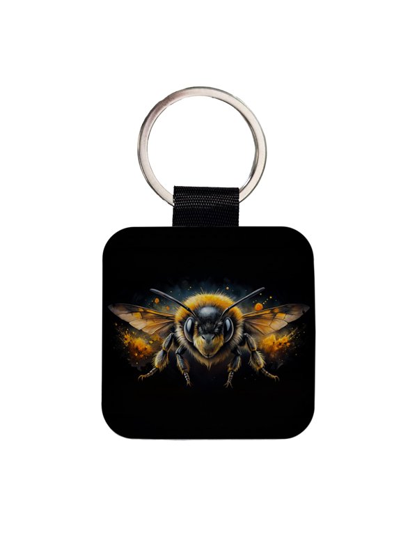 Angry Bumblebee Watercolor Faux Leather Square Keychain
