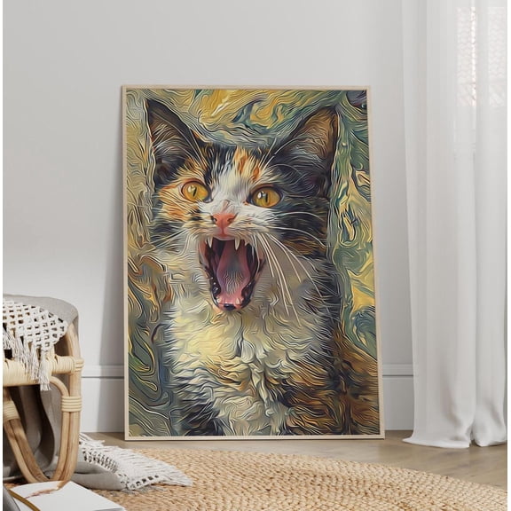 Angry Calico Cat Wall Art Funny Pet Decor, Unframed Canvas Size 8x12