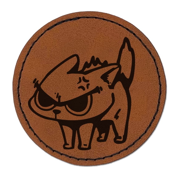 Angry Cat Kitten Arched Back Cartoon Round Iron-On Engraved Faux Leather Patch Applique - 2.5 Inch - Brown