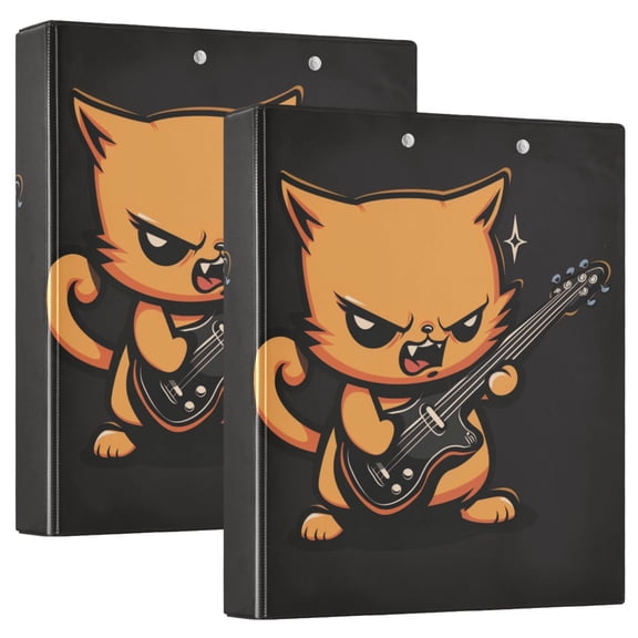 Angry Cat Playing Guitar 2 Pcs Hardcover 3 Ring Binder 1.5” Round Rings Letter Size Paper Pockets for School Office Supplies