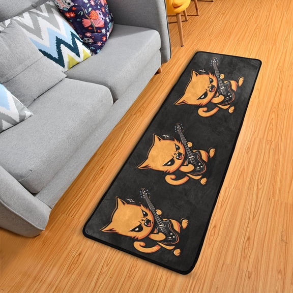 Angry Cat Playing Guitar Hallway Runner Rug 2'X6' Non-Slip Washable Carpet Runner Kitchen Entryway Laundry Bedroom