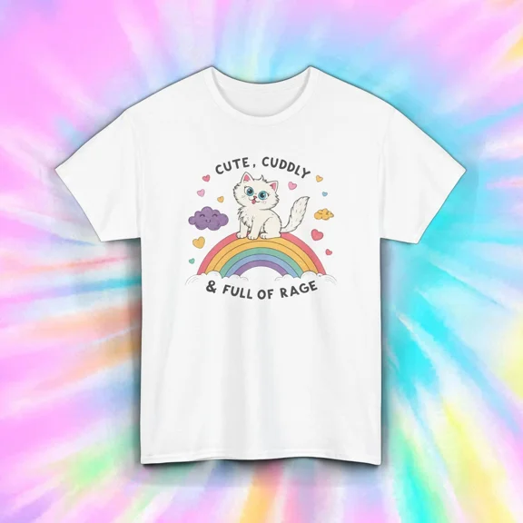 Angry Cat Rainbow Rage Funny Cute Grumpy Kitty Retro Humor Unisex T-Shirt, up to size 5XL