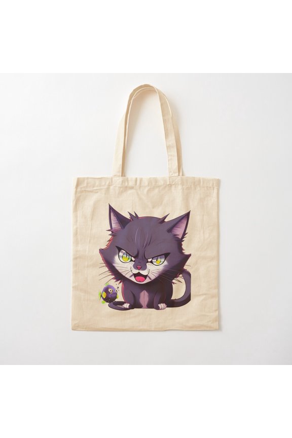 Angry Cat With Fish Canvas Tote Bags, Reusable Shopping Bag