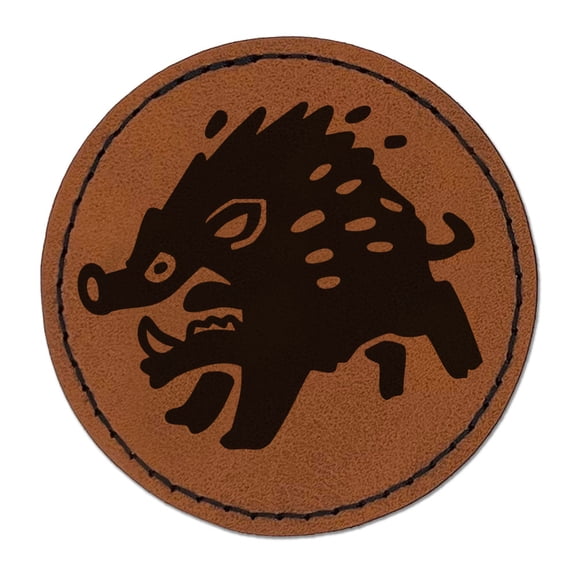Angry Charging Cartoon Boar Pig Hog Peccary Round Iron-On Engraved Faux Leather Patch Applique - 2.5 Inch - Brown