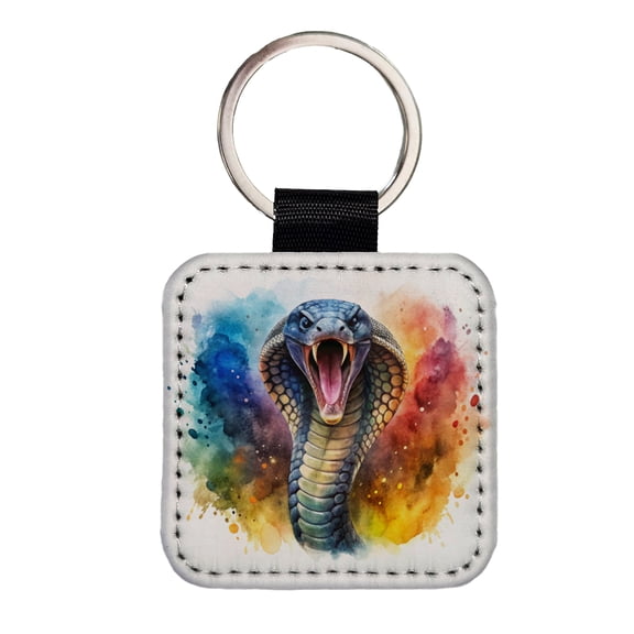 Angry Cobra Snake Reptile Watercolor Faux Leather Square Keychain