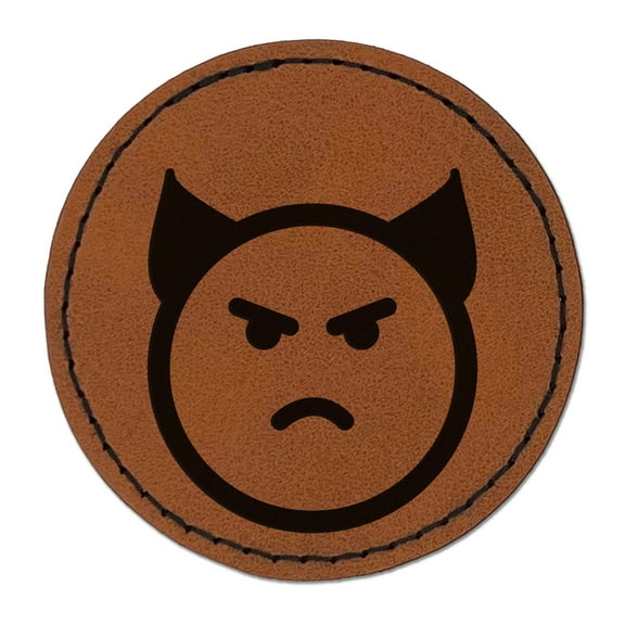 Angry Devil Face Emoticon 2.5" Faux Leather Round Engraved Iron-On Patch - Brown