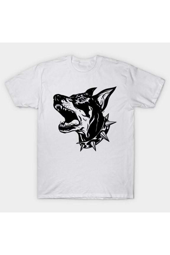 Angry Doberman Dog Blackwork Tattoo Style Edgy Guard Breed Unisex T-Shirt, for men & women, up to size 5XL