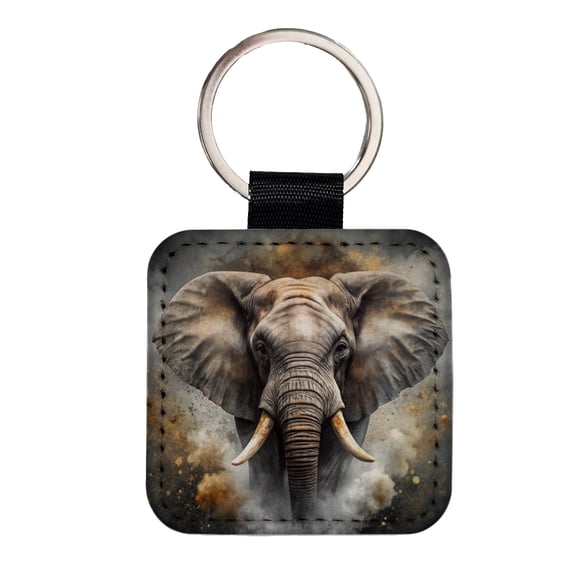 Angry Elephant Black Watercolor Faux Leather Square Keychain
