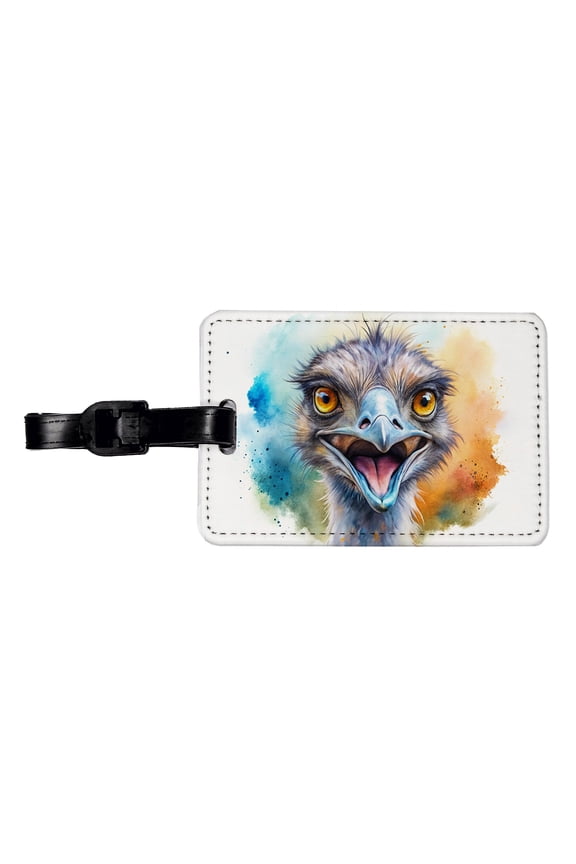 Angry Emu Watercolor Faux Leather Travel Luggage Tag
