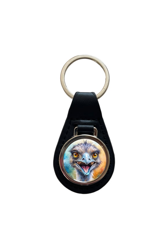 Angry Emu Watercolor Metal Black Leather Keychain