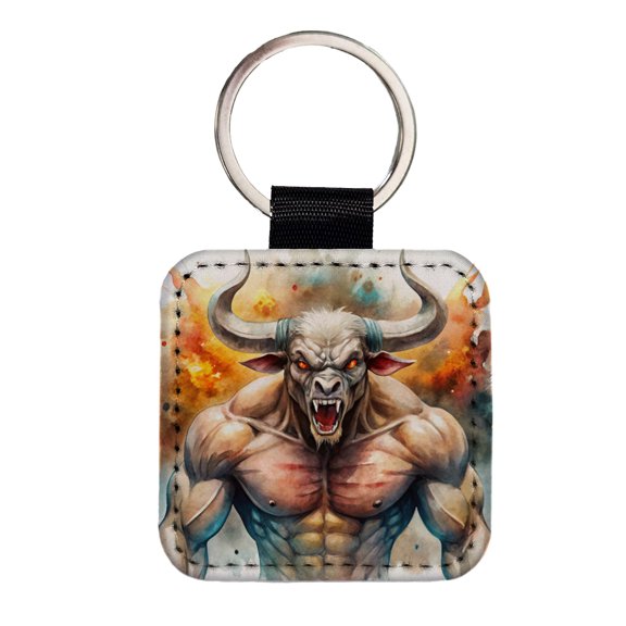 Angry Fantasy Minotaur Watercolor Faux Leather Square Keychain
