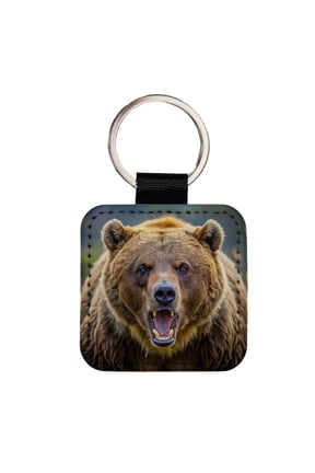 Angry Grizzly Bear Charging Faux Leather Square Keychain