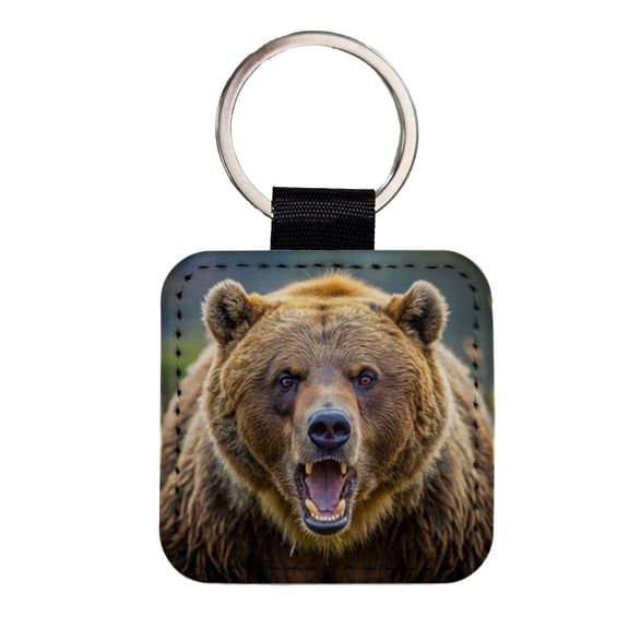 Angry Grizzly Bear Charging Faux Leather Square Keychain