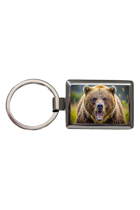 Angry Grizzly Bear Charging Metal Rectangle Keychain