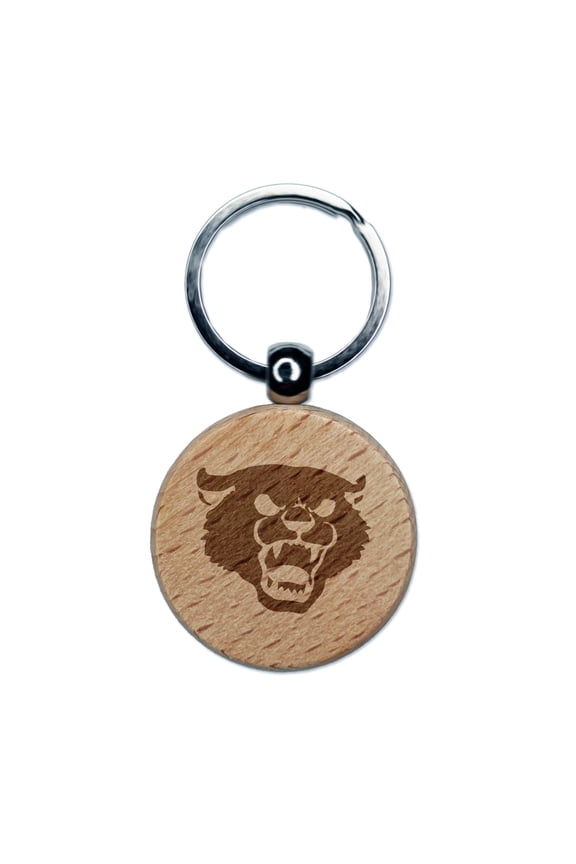 Angry Hissing Cat Face Round Keychain Charm Tag - Engraved Wood