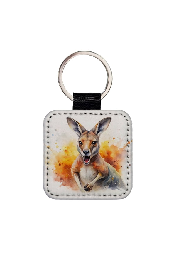 Angry Kangaroo Watercolor Faux Leather Square Keychain
