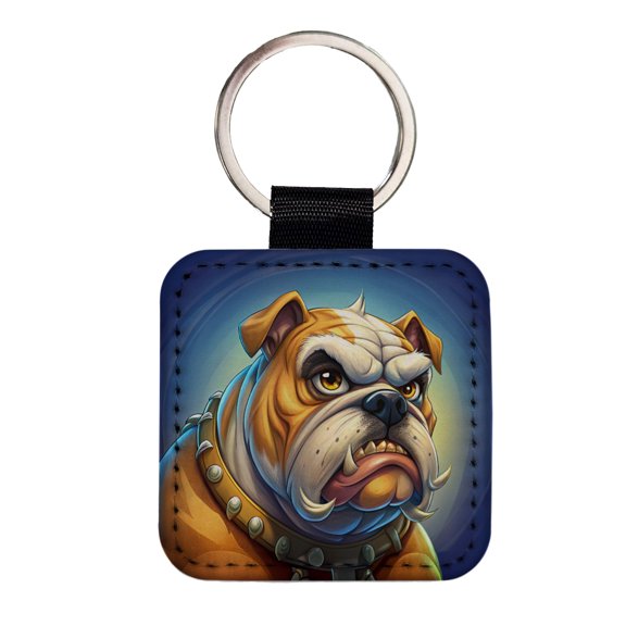 Angry Mad Bulldog Face School Mascot Faux Leather Square Keychain